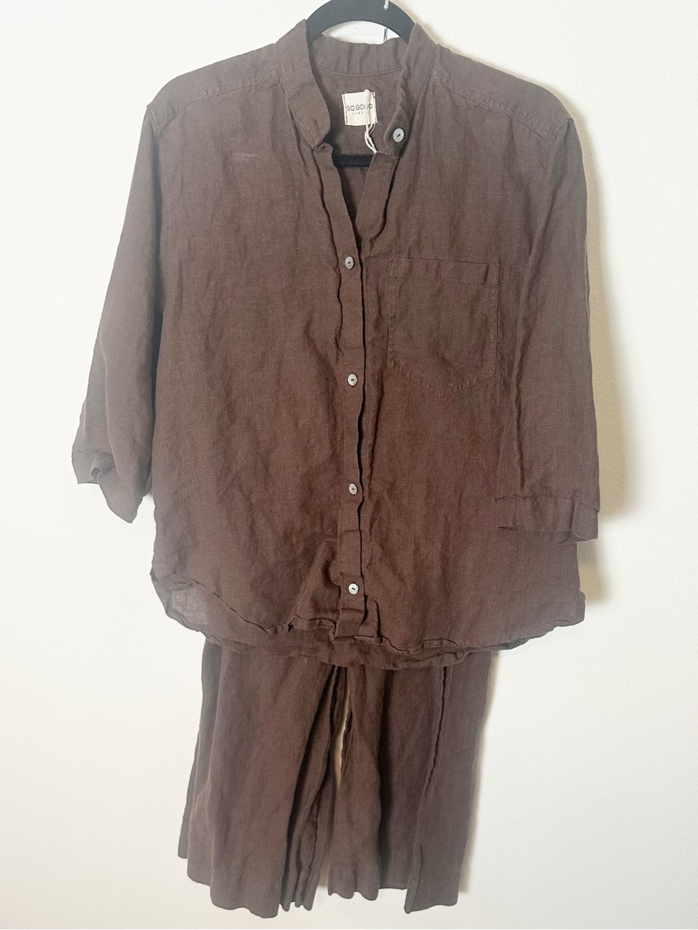 So Good Linen 100% Linen Set 3/4 Sleeve Blouse and Culottes Dark Brown Small